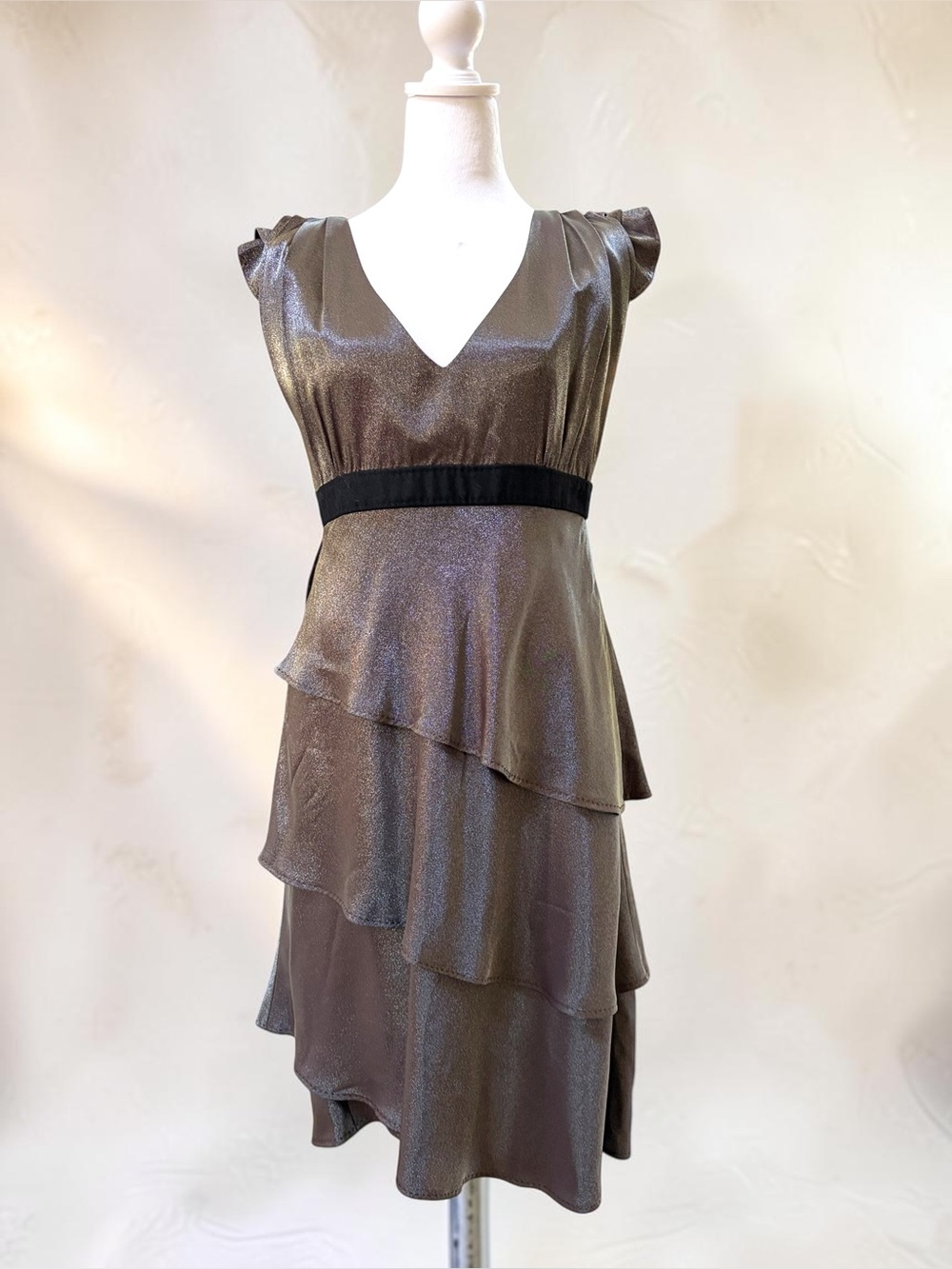 Roberta Furlanetto Metallic Gunmetal Tiered Dress IT 46 Made Italy